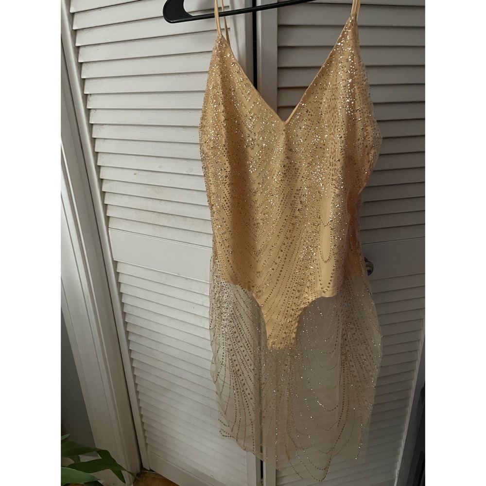 Sheer Glitter Gold Sequin Dress Side Split Spaghetti Strap See Through Mesh